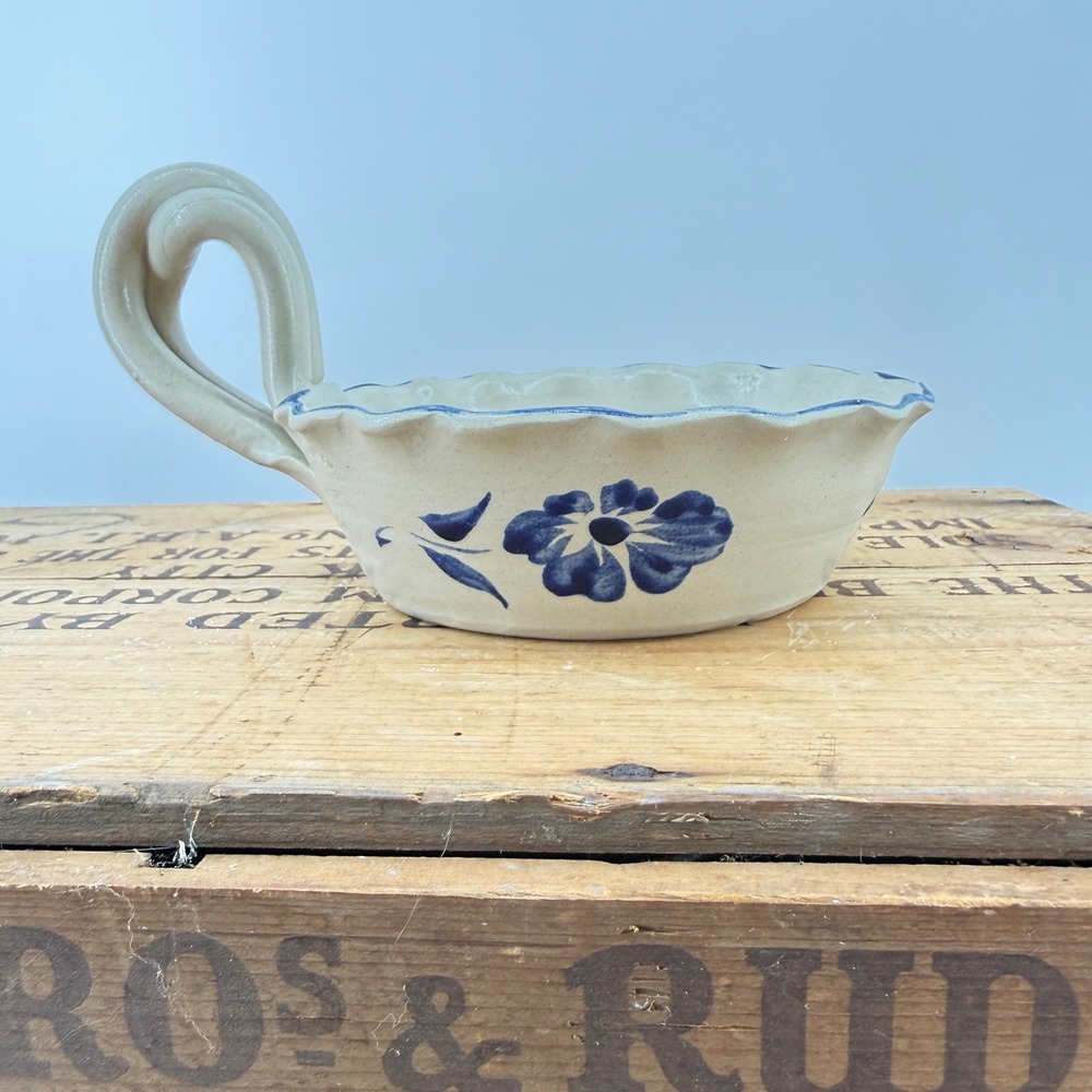 Williamsburg Pottery Chamberstick Candle Holder Cream Blue Floral Stoneware